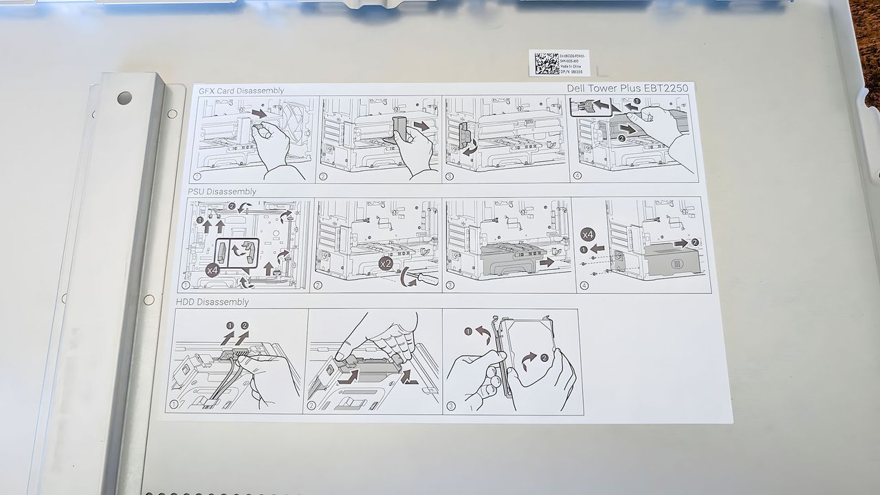 Illustrated instructions on the inside of the Dell Tower Plus EBT2250's side panel explaining how to open an disconnect various parts.