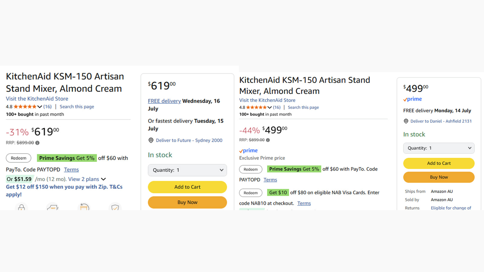 Two product listings for a KitchenAid stand mixer showing two different prices.