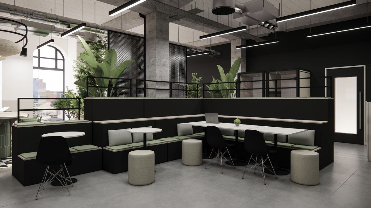 studio with stools and plants