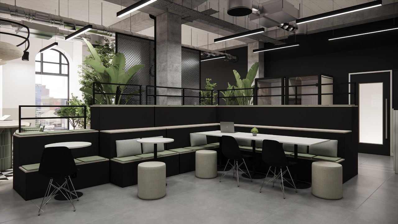 studio with stools and plants