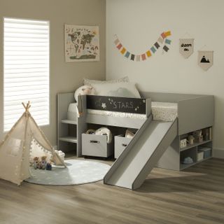 A kids room with a children's cabin bed featuring a slide and a small decorative teepee