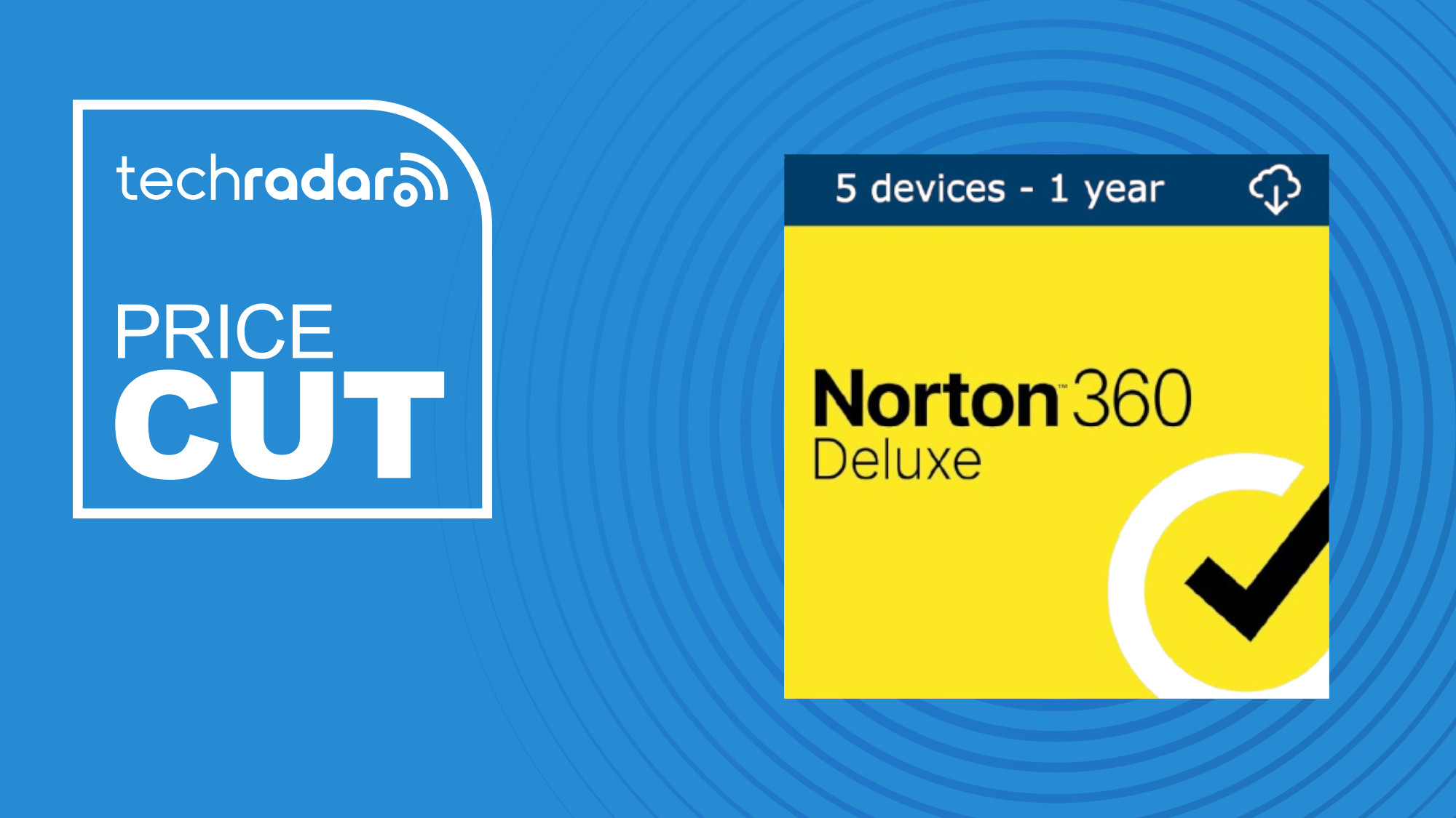 An image showing a price cut label next to an image of Norton 360 Deluxe