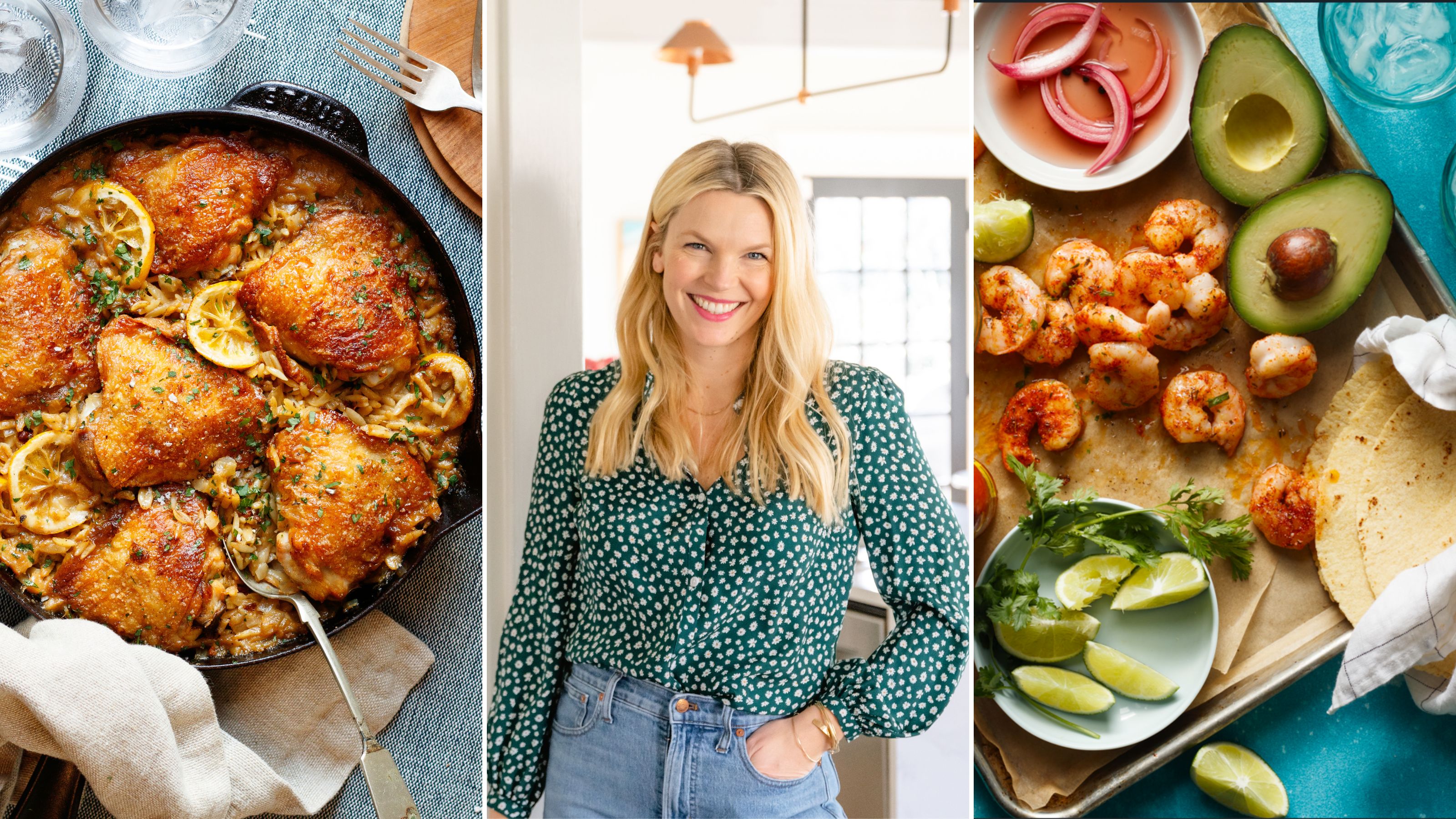 One-pot chicken in a skillet pan; portrait shot of Amanda Frederickson; Shrimp tacos laid out on a tray