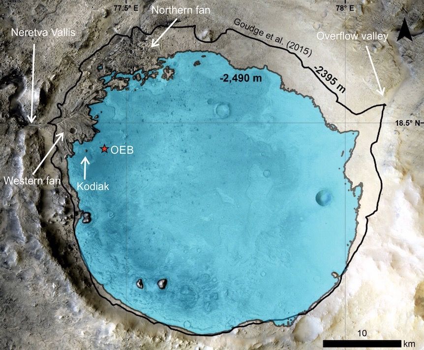 Inferred paleolake level inside Mars’ Jezero Crater at the time of Kodiak sediment deposition. The red star indicates theOctavia E. Butler (OEB) landing site of NASA’s Perseverance rover. Background from the Context Camera (CTX) mosaic.