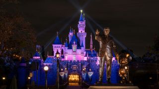 Partners statue and Sleeping Beauty Castle at night