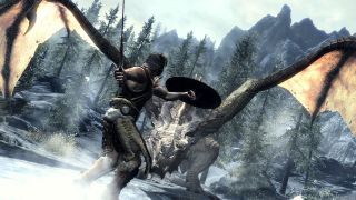 Skyrim - A player holds a sword and shield prepared to fight a dragon