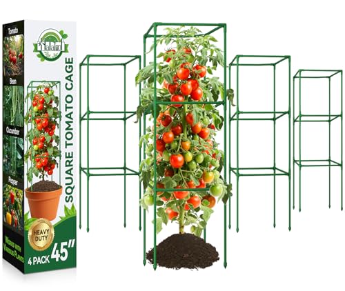 Halatool 4 Pack Square Tomato Cages for Garden, 45 Inch Heavy Duty Adjustable Metal Tomato Trellis for Climbing Plants &amp;ndash; Green Plant Support Stakes for Vegetables Flowers Fruits&amp;amp;raised Bed Outdoor