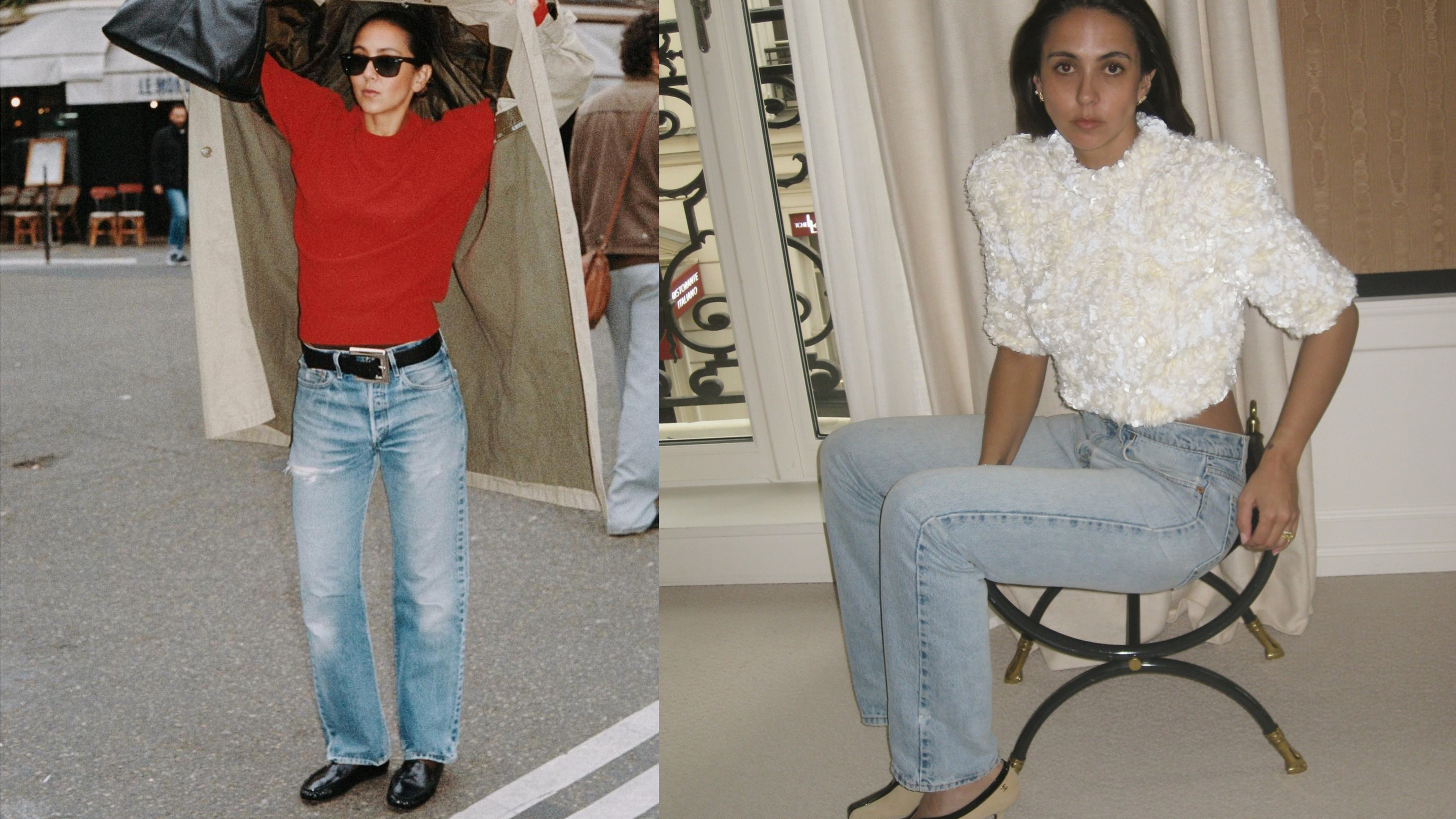 Hanna Marzouki Widlund in two outfits wearing vintage Levi's jeans with a red sweater and trench in one and a sequin top and Chanel pumps in another. 