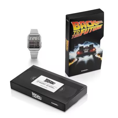 Casio Back to the Future limited edition calculator watch from different angles