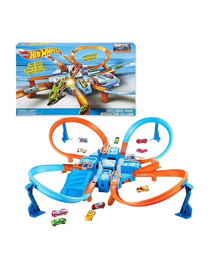 Hot Wheels Track Set With 1:64 Scale Toy Car, 4 Intersections for Crashing, Powered by a Motorized Booster, Criss-Cross Crash Track (amazon Exclusive)