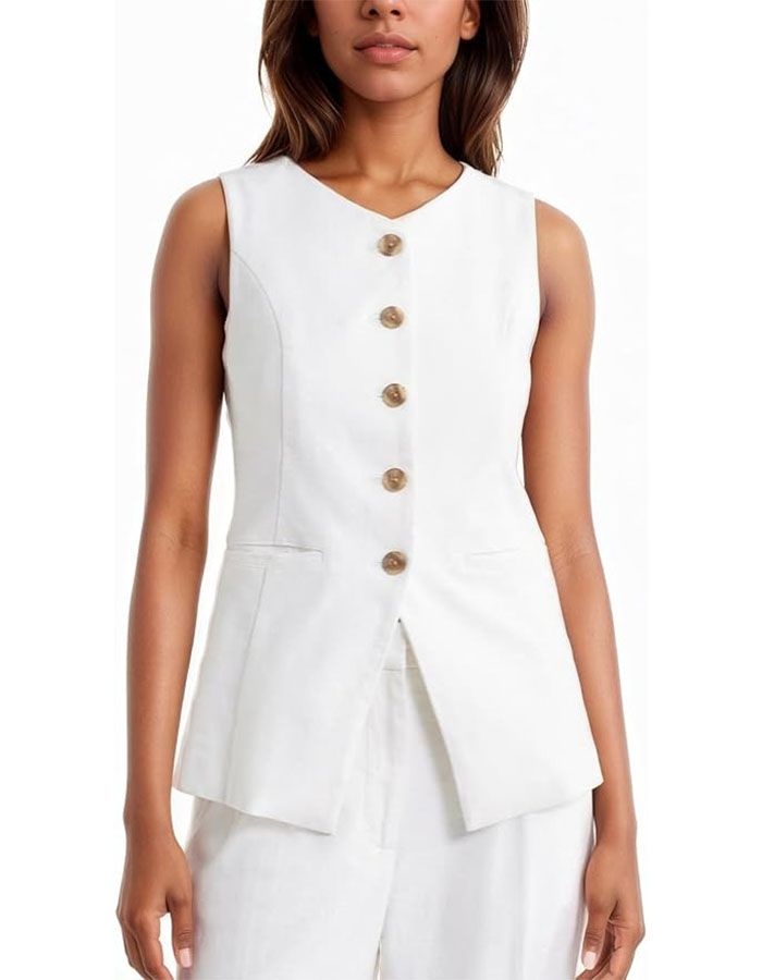 Mina Self Linen Vest Blazer for Women 2025 Summer Sleeveless White Lightweight Trendy Business Casual Work Professional Office Dressy Women's Vest Tops Suit Jackets for Womens Waistcoat Qy009 White S