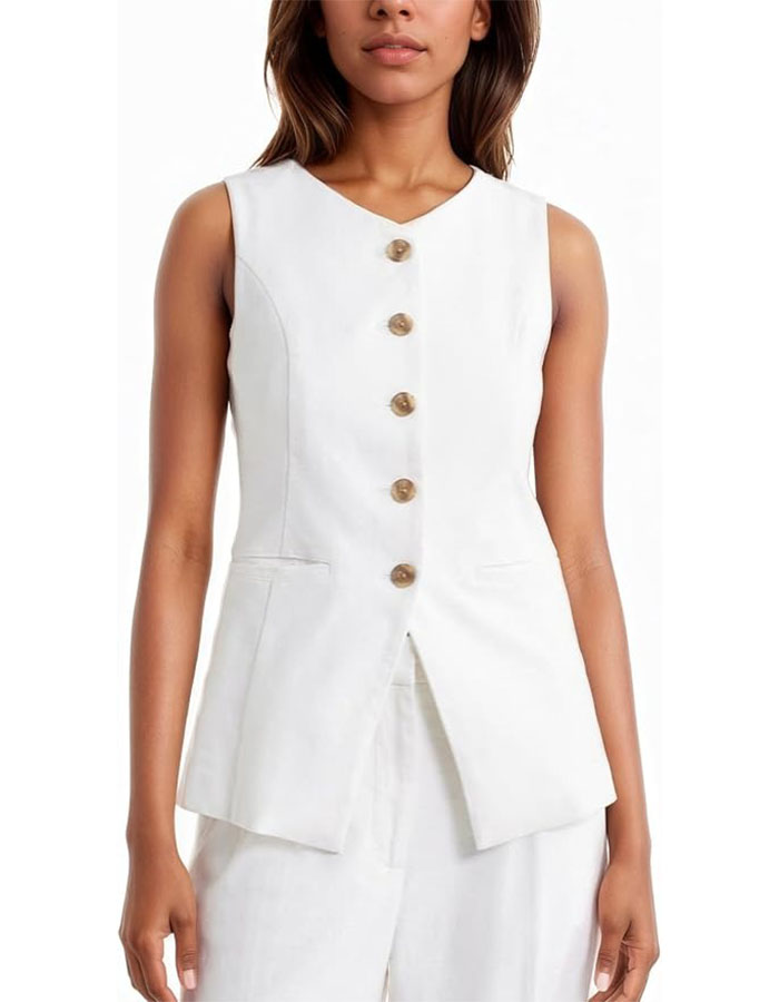Mina Self Linen Vest Blazer for Women 2025 Summer Sleeveless White Lightweight Trendy Business Casual Work Professional Office Dressy Women's Vest Tops Suit Jackets for Womens Waistcoat Qy009 White S