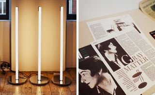 Left: 'Tube Light', by Eileen Gray, 1927. Right: archival magazine material profiling the designer.