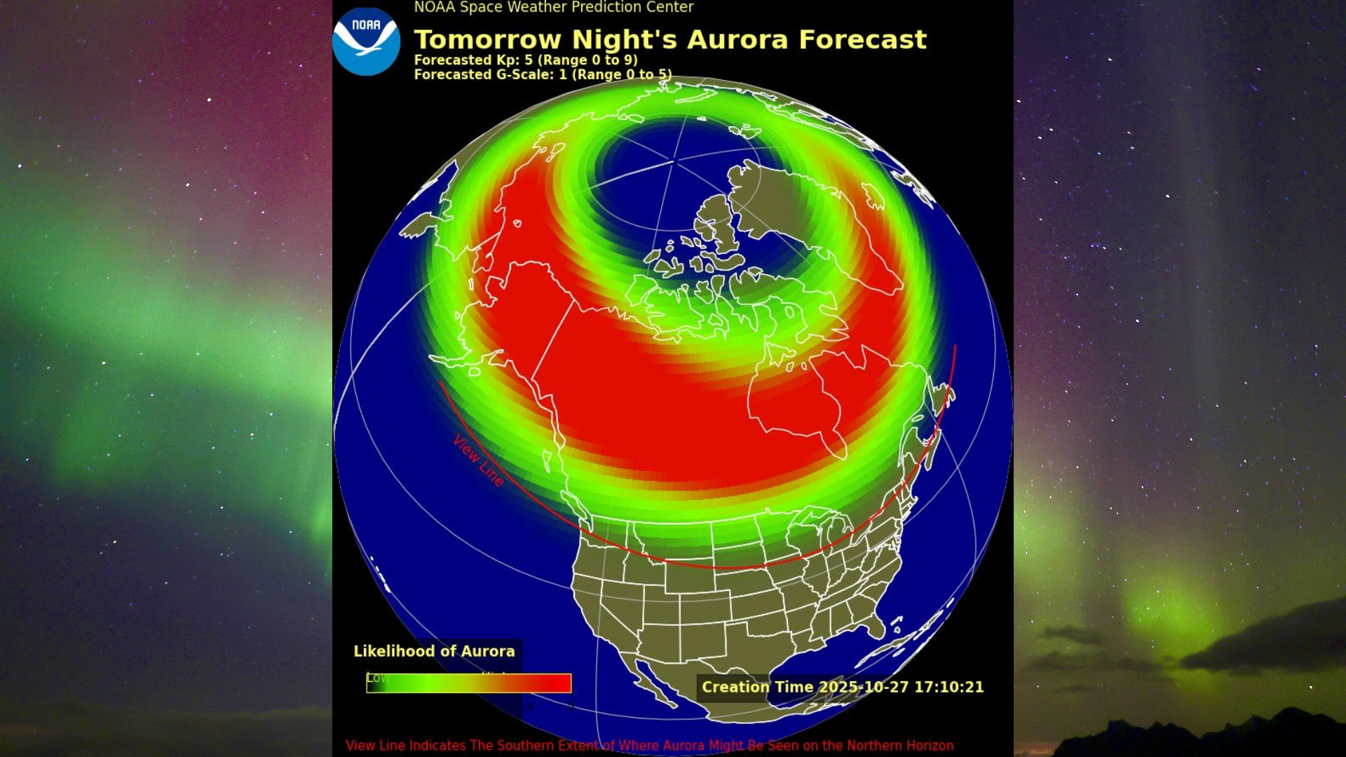 NOAA aurora forecast map for North America showing the predicted auroral oval and view line for the night of Oct. 28 to 29, 2025. The green and red bands indicate areas where the northern lights may be visible, with the view line marking the southernmost extent of potential visibility