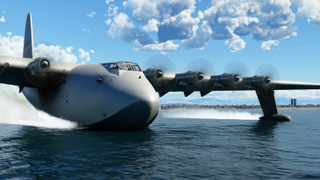 The Hughes H-4 Hercules aircraft in Microsoft Flight Simulator. It is a very large grey wooden airboat with eight propeller engines taking off from water at high speed.