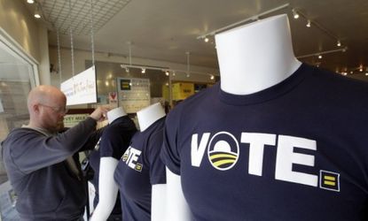 A t-shirt promoting equality in the Human Rights Campaign store in San Francisco: Though President Obama did what many thought he should have done long ago, his support likely won't change mu