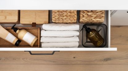 An organized bathroom or bedroom drawer