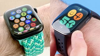 Close-up of the Apple Watch SE 3 on a user's wrist next to the Amazfit Bip 6, also on a user's wrist