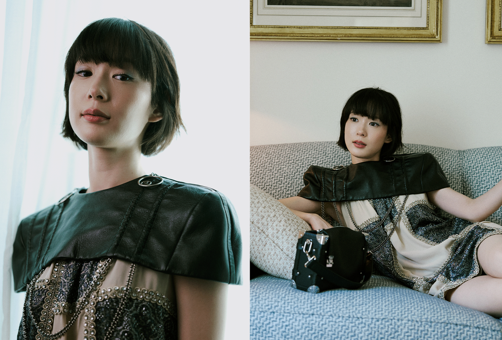 Moeka Hoshi Paris Fashion Week photo diary for the Louis Vuitton Spring 2026 show. Portraits of Moeka in her final Louis Vuitton look.
