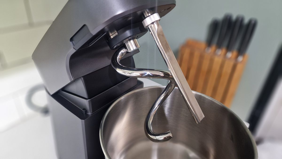 The Ooni Halo Pro Spiral mixer being tested in a green and white kitchen