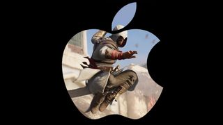 Apple Gaming; a character leaps through an apple logo