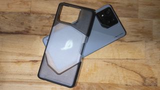 A silver ASUS ROG Phone 8 sitting on a table