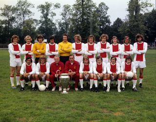 The Ajax squad and coaches with the European Cup, 1972