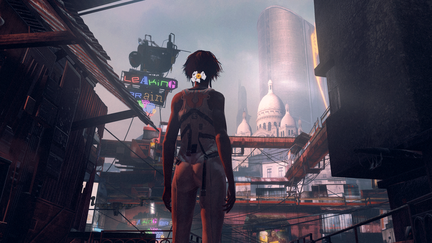 Best video game architecture; a woman stands in front of a city scene, in the distance is a mix of gothic and modernist buildings