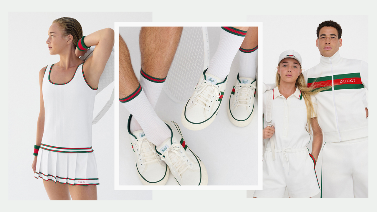 Gucci Tennis Special campaign imagery featuring tennis players Emma Cohen and George Loffhagen