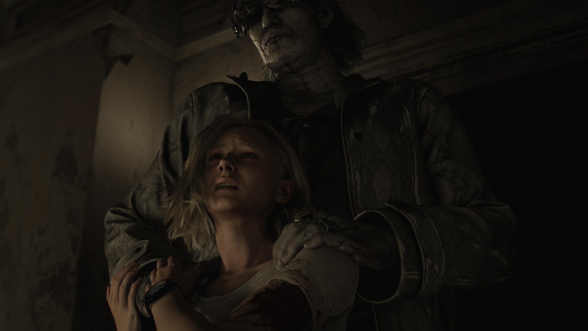 Dr. Gideon holds Grace from behind in a derelict hotel in Resident Evil Requiem