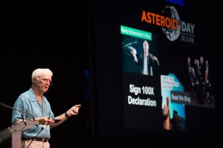 Apollo 9 astronaut Rusty Schweickart speaking at an Asteroid Day event. He is a cofounder of the nonprofit group B612 that encourages the early detection of asteroids.