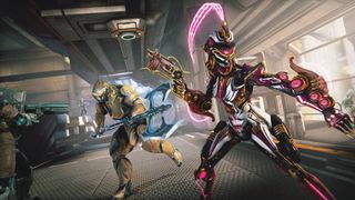 An image of warframe Octavia Prime with its signature weapons.