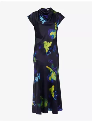 Graphic-Print Cowl-Neck Woven Midi Dress