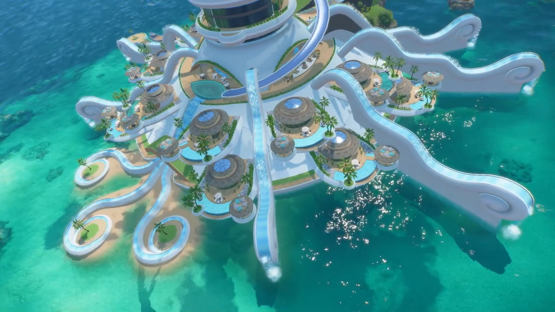 A tall building in the ocean during the trailer for Pokemon Winds and Waves