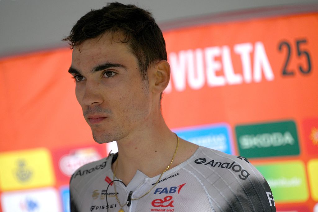 Team UAE&#039;s Spanish rider Juan Ayuso looks on after winning the seventh stage of the Vuelta a Espana, a 187 km race between Andorra la Vella and Cerler, on August 29, 2025. (Photo by Josep LAGO / AFP)