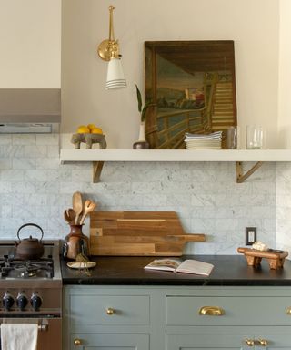 blue modern farmhouse kitchen with open shelving and rustic styling