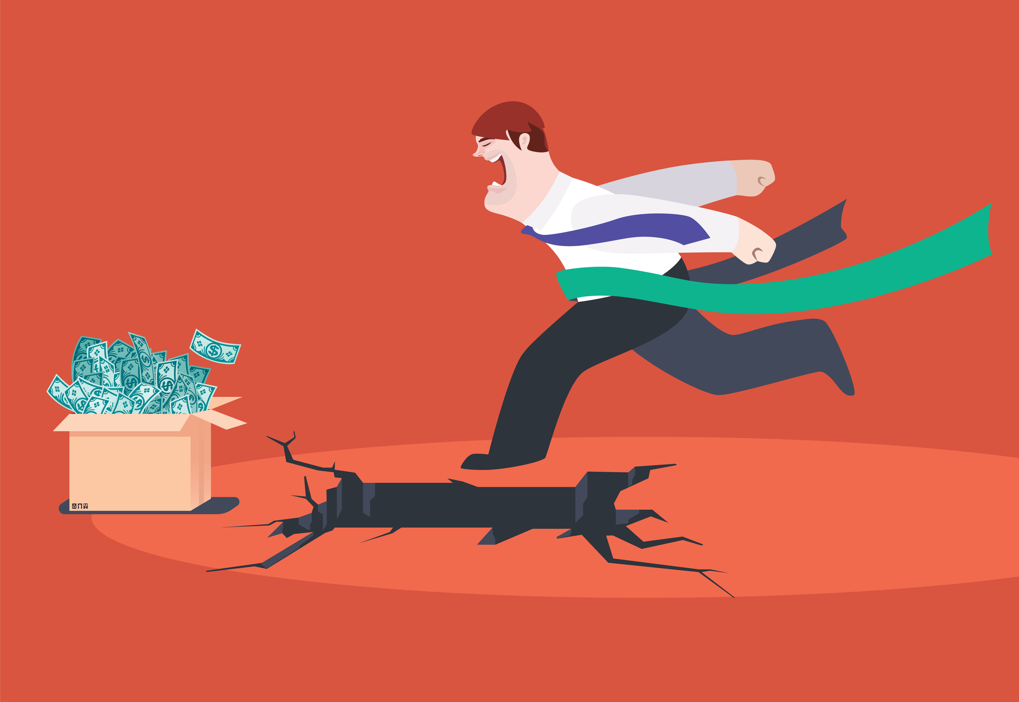 Man running towards box of cash just about to fall into a hole