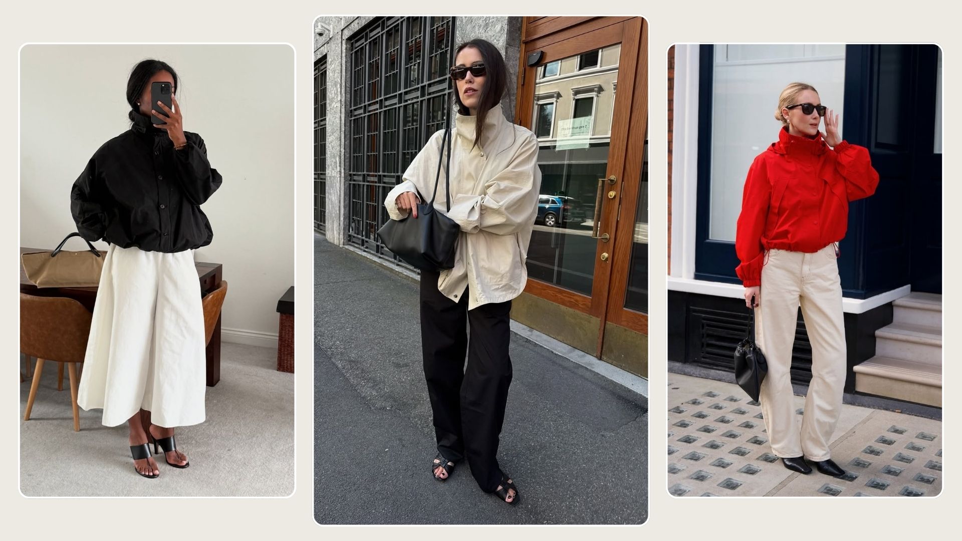 Woman wears technical jacket, white skirt and heels; woman wears technical jacket, black trousers and sandals; woman wears technical jacket cream jeans and black boots. 