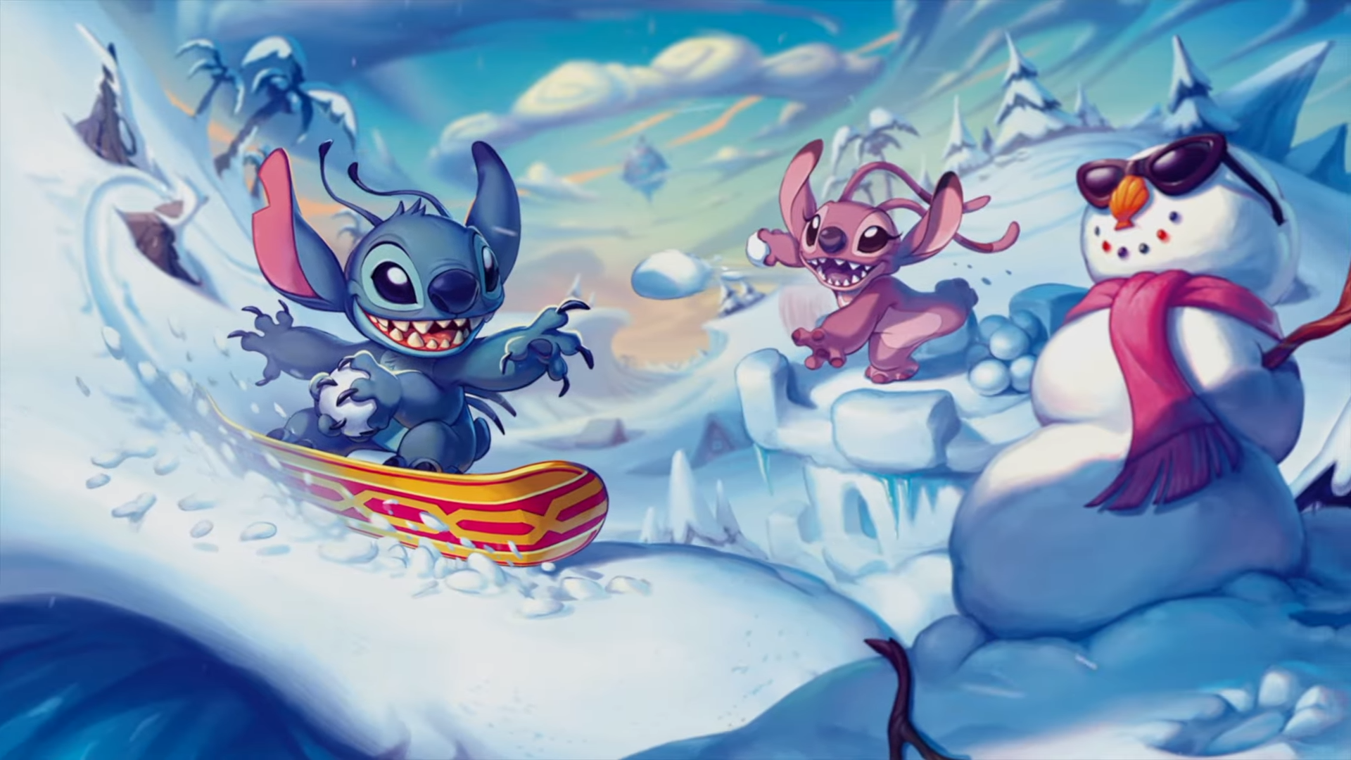 Stitch and Angel play in the snow in artwork from Disney Lorcana Winterspell, with a snowman visible in the foreground