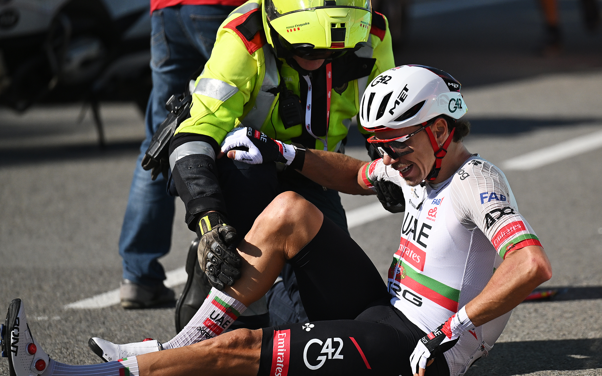 Ivo Oliveira of Portugal and UAE Team Emirates - XRG reacts after crashing during the 105th Volta a Catalunya 2026, Stage 3 