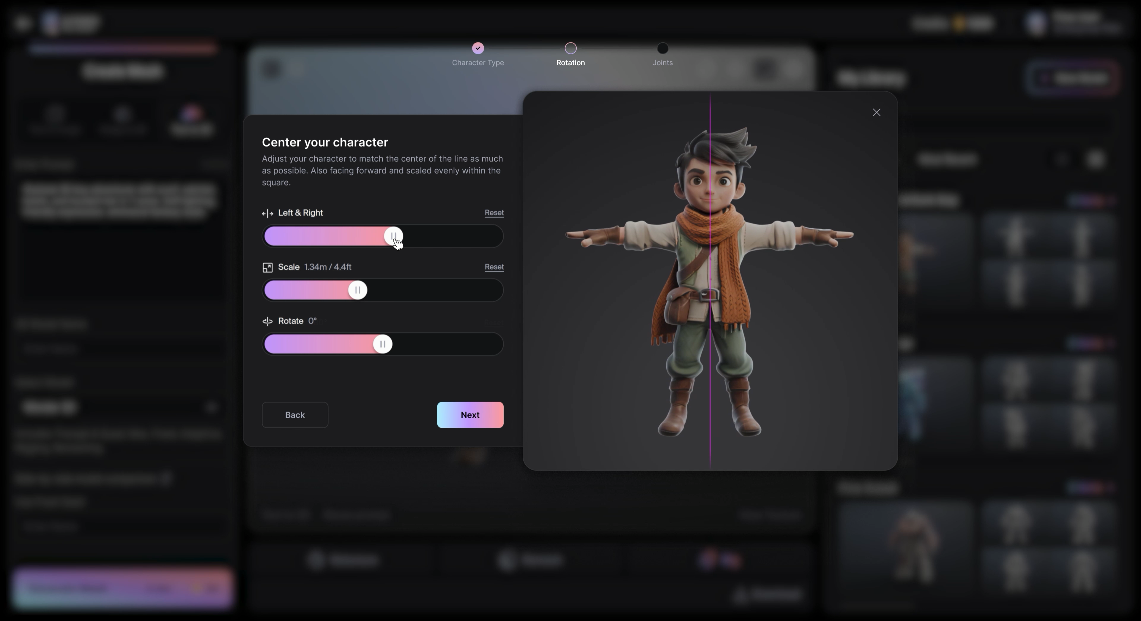 Screens from a rigging AI app