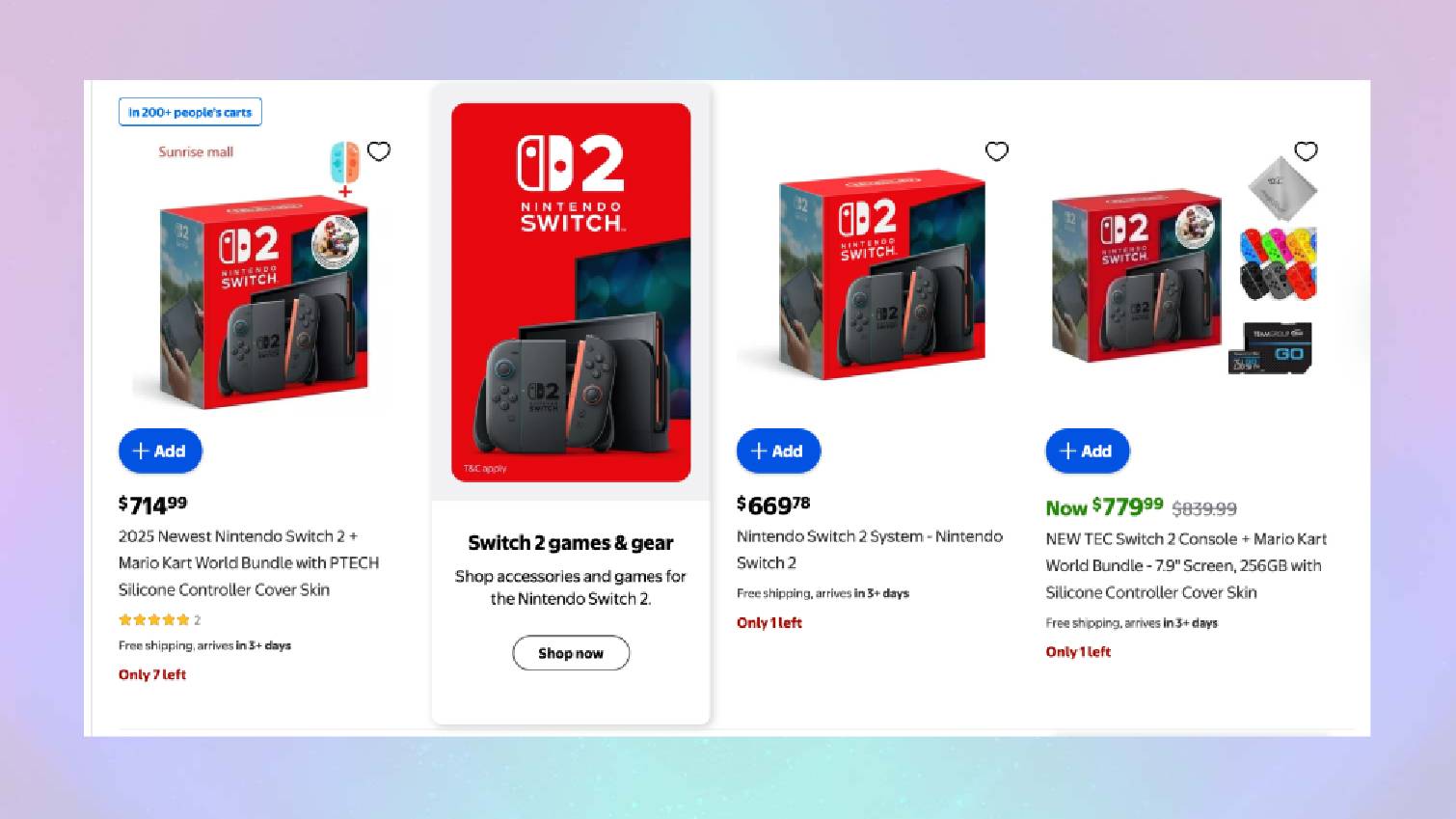 Screenshot of Switch 2 listings at Walmart on colored background