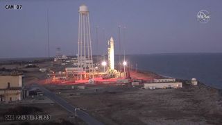 An Antares rocket carrying Northrop Grumman’s Cygnus NG-13 cargo resupply spacecraft stands on Pad-0A at NASA’s Wallops Flight Facility in Virginia on Feb. 9, 2020, shortly after the launch was scrubbed.