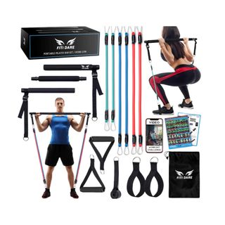 The FITI DARE Portable Pilates Bar Kit with resistance bands and bars and photos of a man and woman using them for exercise