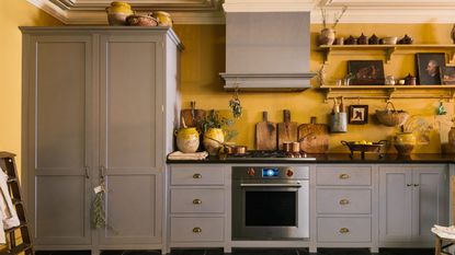 devol gray kitchen with yellow walls and open shelving