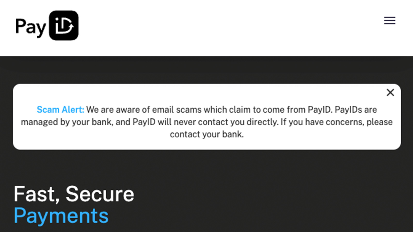 PayID homepage alerting users to ongoing scams