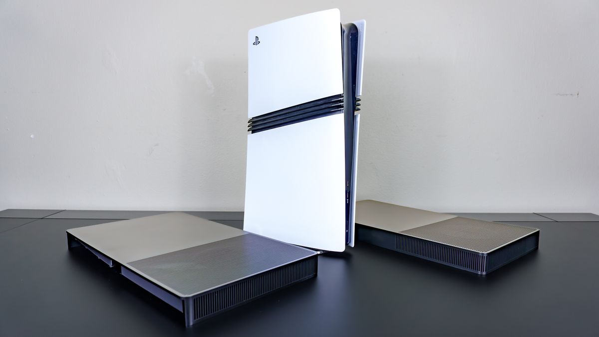 A PS5 Pro next to a set of BoxPlates console covers on a desk