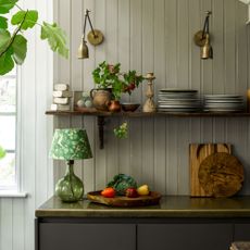 Utility room with green wall panelling and pooky table lamp on counter