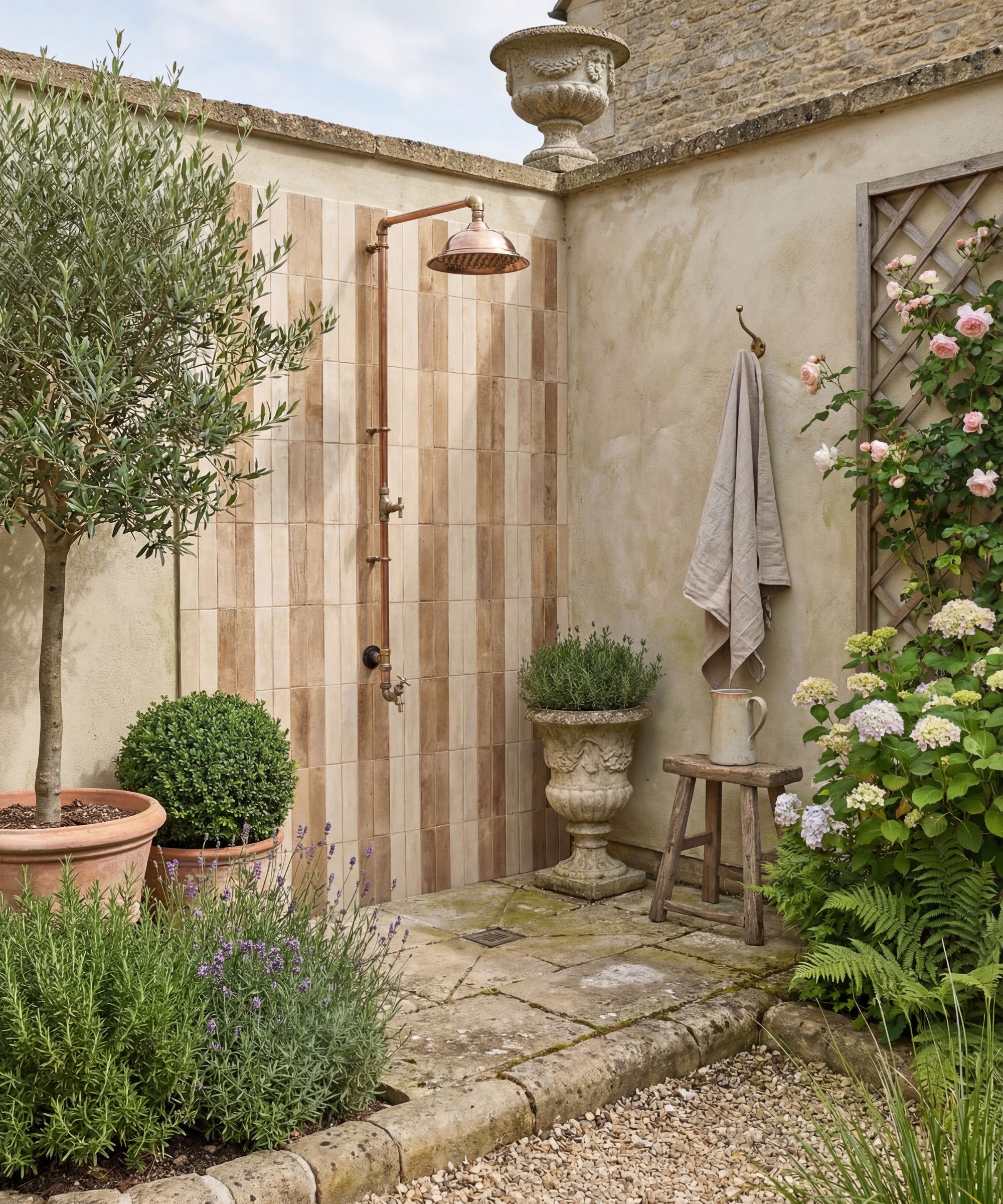A copper pipe outdoor shower against a panel of natural wood-effect vertical tiles on a rendered wall, surrounded by lavender, hydrangeas, rosemary and an olive tree.