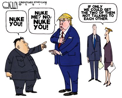 Political cartoon U.S. Trump Kim Jong Un nuclear weapons
